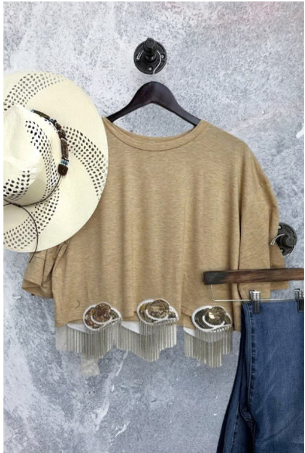 Sequin Cowboy Hat Crop Top with Metal Fringe