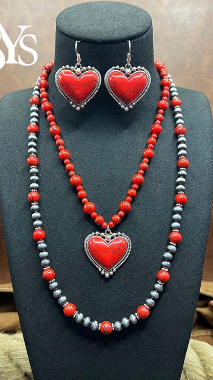 3pc. Fashion Bohemian Heart Pendant Necklace with Matching Earrings Set