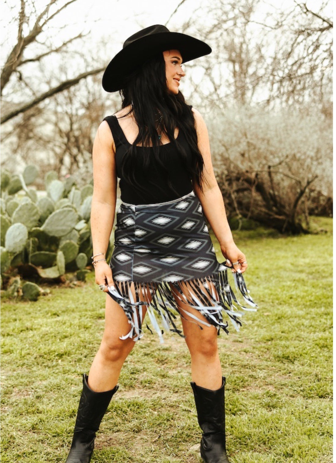 Black Aztec Printed Fringe Hem Skirt