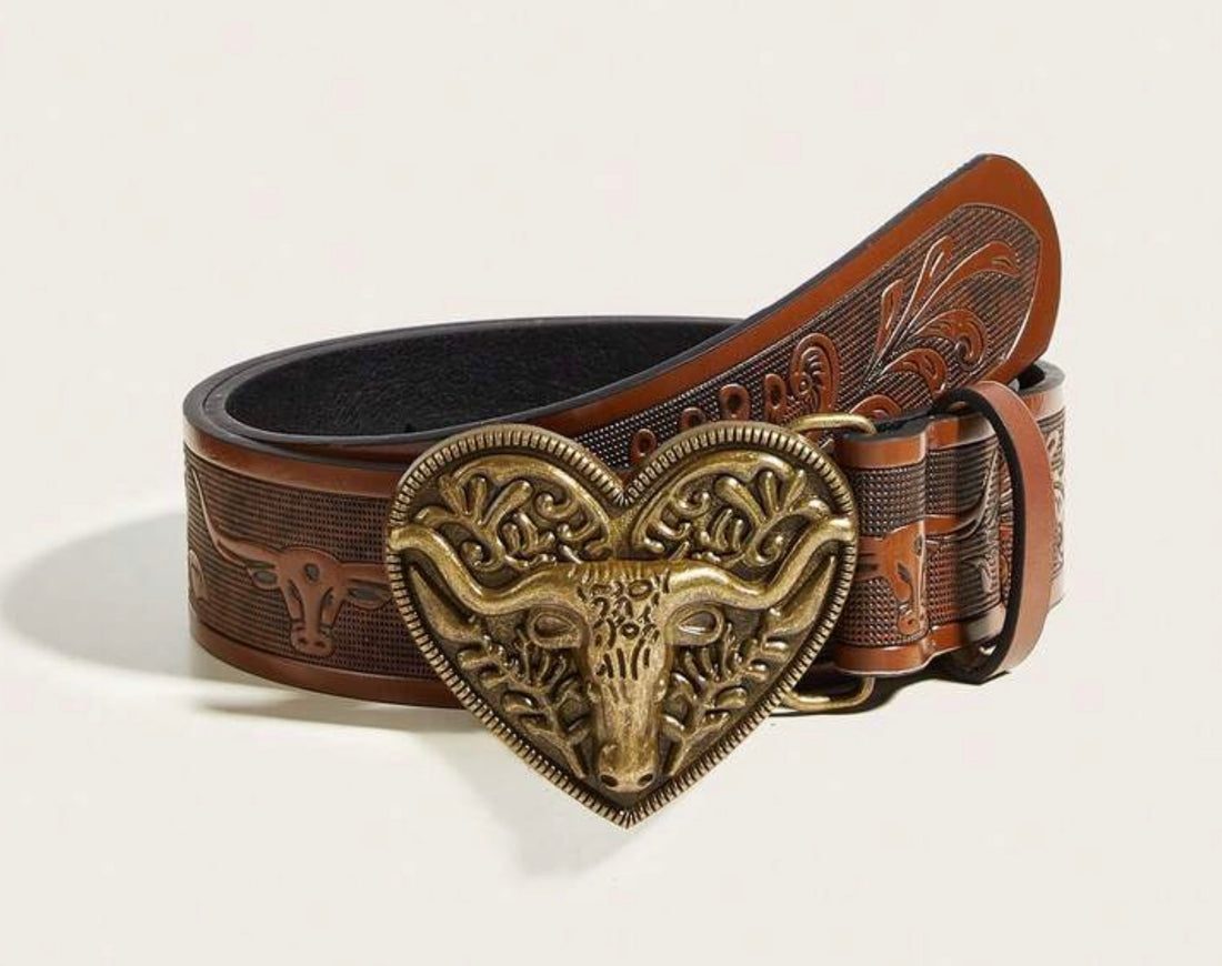 Vintage Leather Belt with Steerhead Heart Buckle
