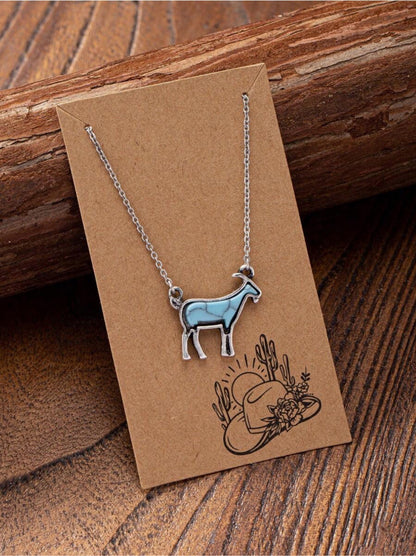 Vintage Western Style Turquoise Hematite Animal Pendant Necklace