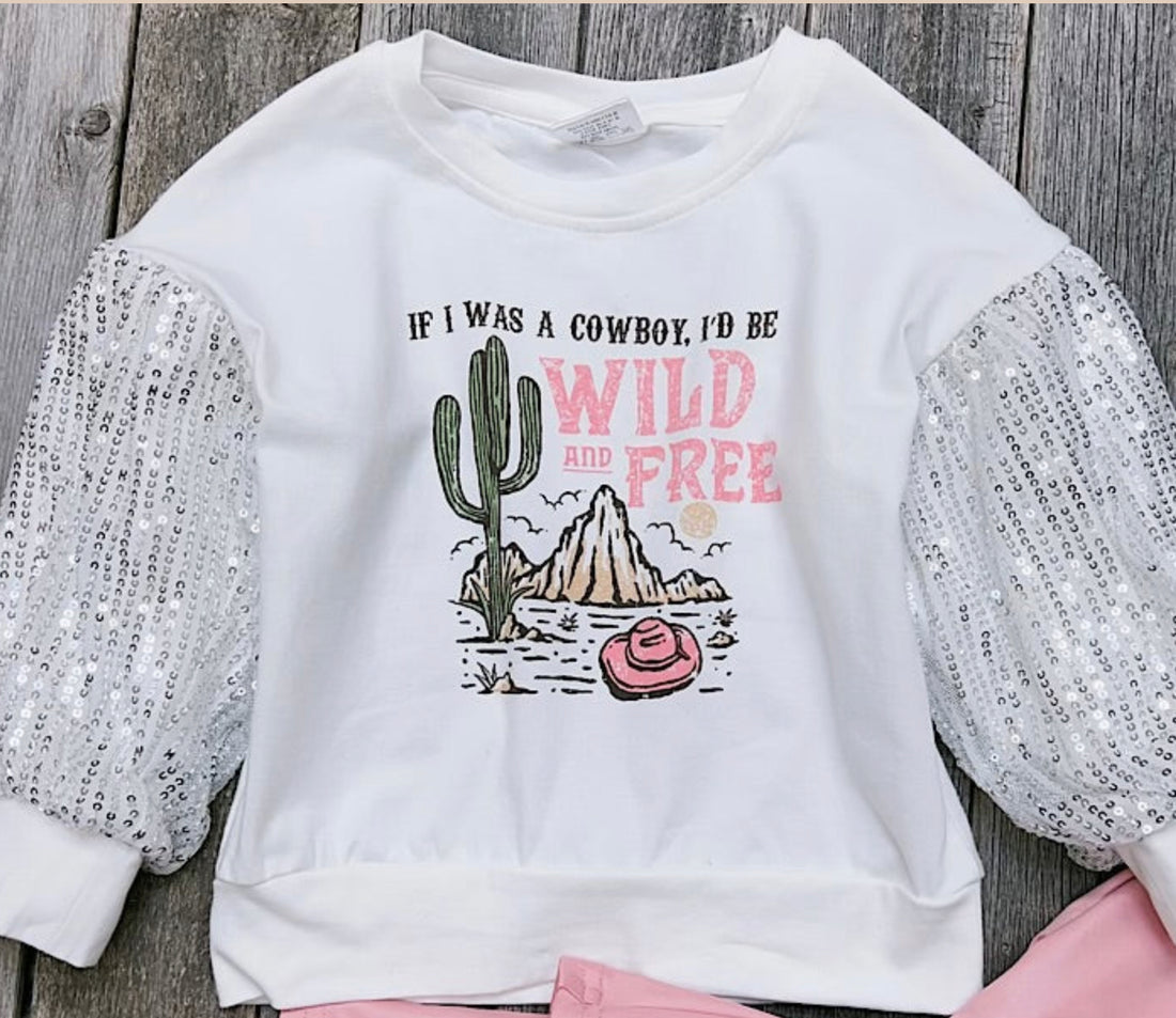 GRAPHIC WESTERN PRINTED SWEATSHIRT W/SEQUINS SLEEVES-Girls