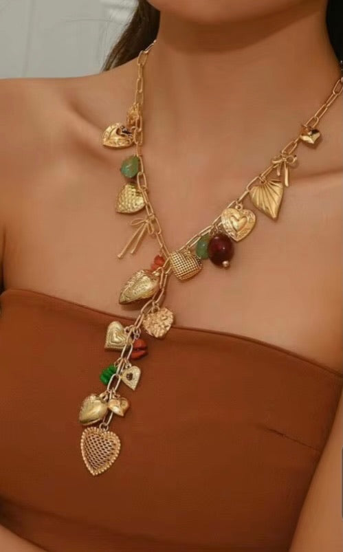 Gold Heart Charm Lariat Necklace