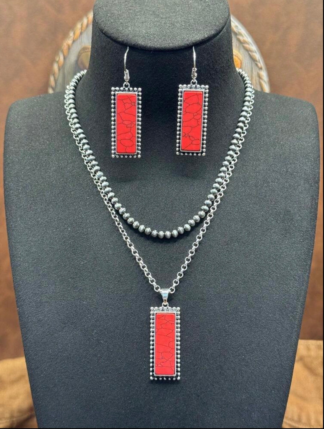 3pc.Western Rectangular Red Faux Turquoise Necklace and Earring Set