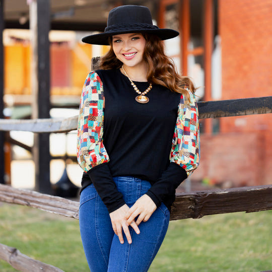 Patchwork Print Long Sleeve Top