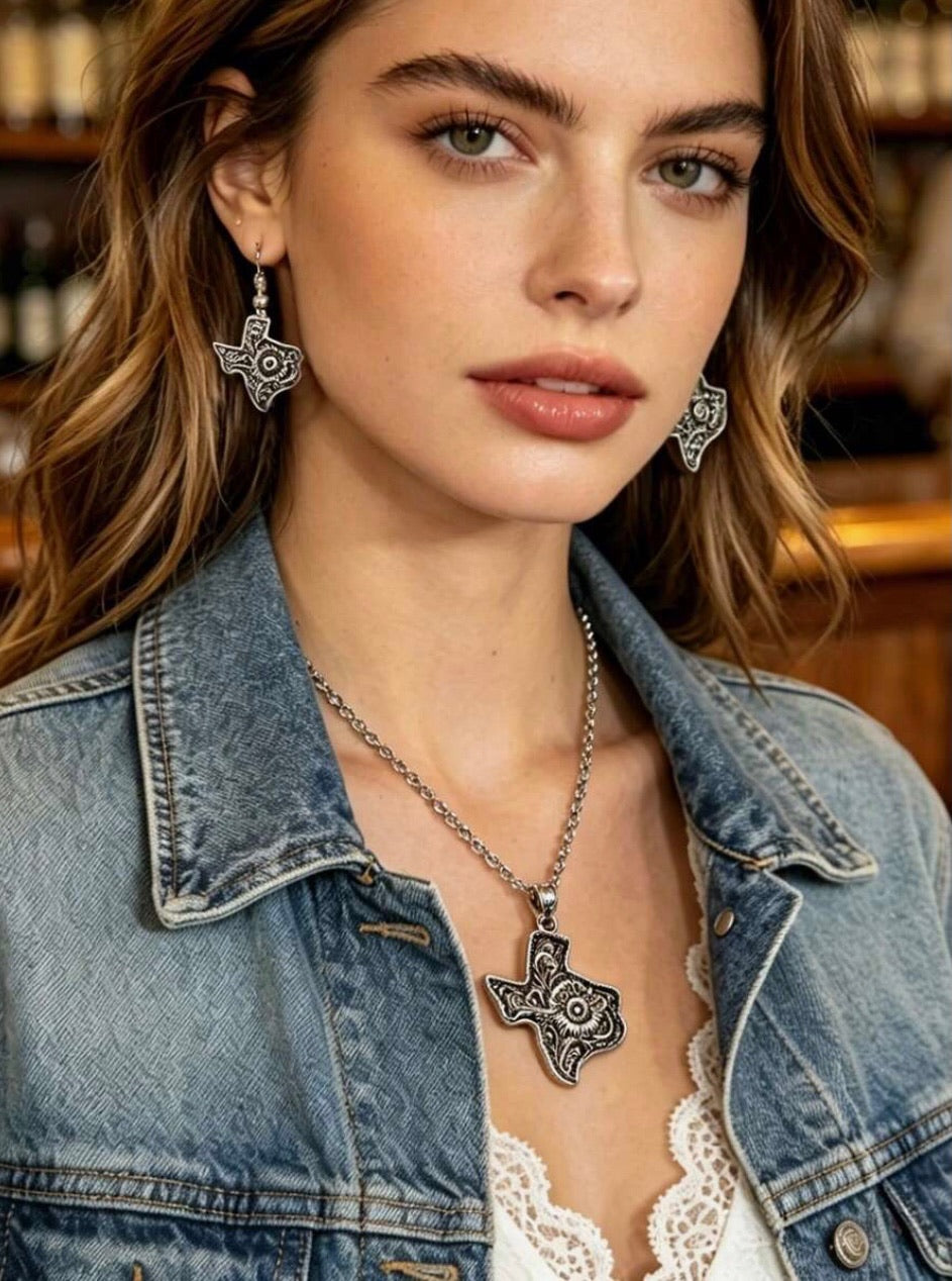 Sunflower Texas Tooled Necklace and Earring Set