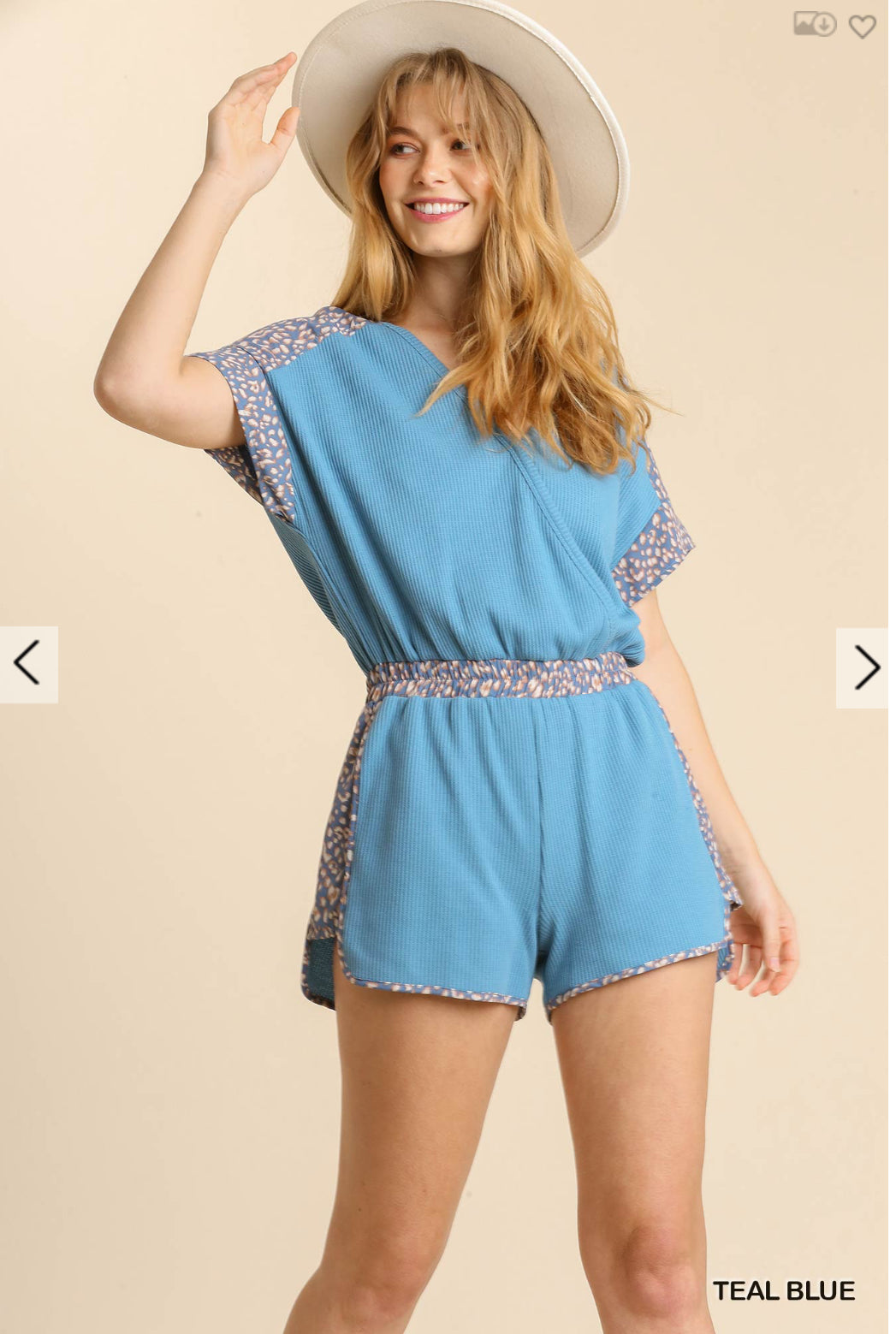 Umgee Animal Print Faux Wrap Elastic Waistband Waffle knit Romper with Pockets and No Lining