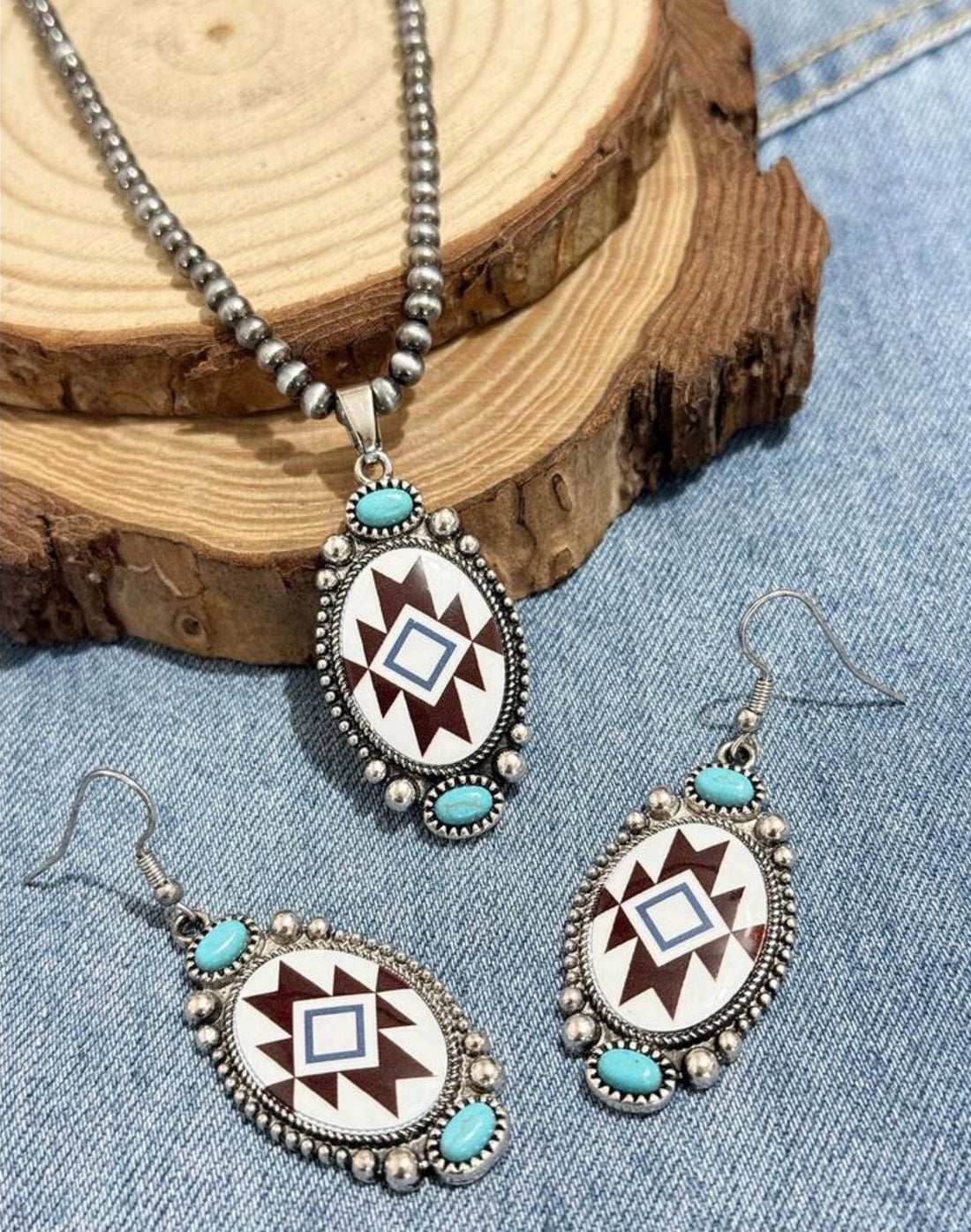 2pc. Aztec Style Oval Metal Pendant on Bead Necklace with Matching Earrings