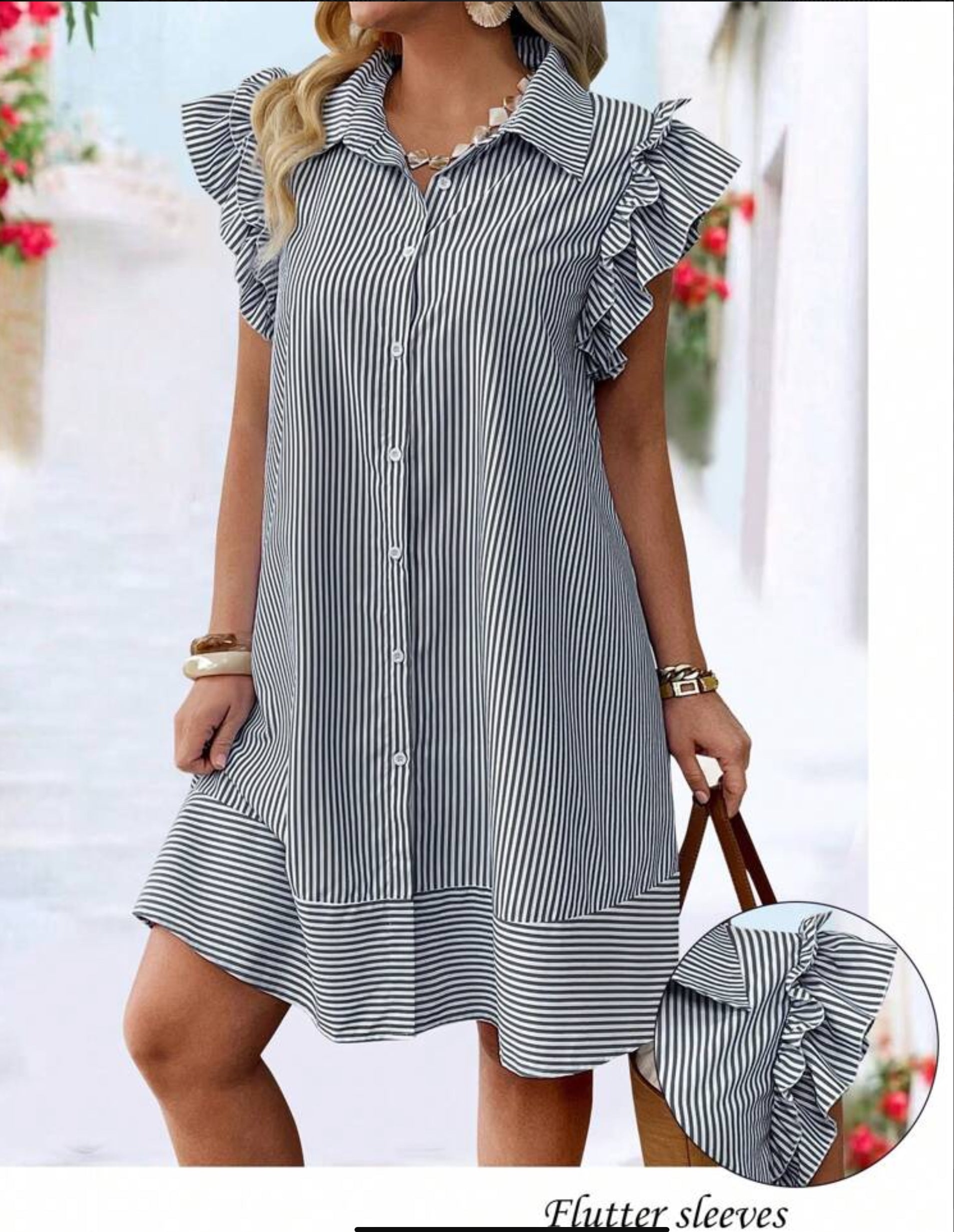 Casual Striped Print Button Front with Cap Sleeve Dress