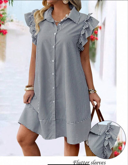 Casual Striped Print Button Front with Cap Sleeve Dress