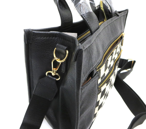 Black Faux Leather Handbag Featuring A Checkered Front Pocket