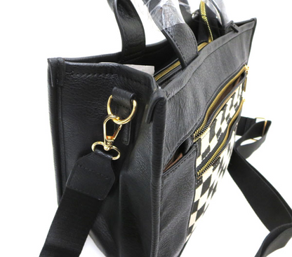 Black Faux Leather Handbag Featuring A Checkered Front Pocket