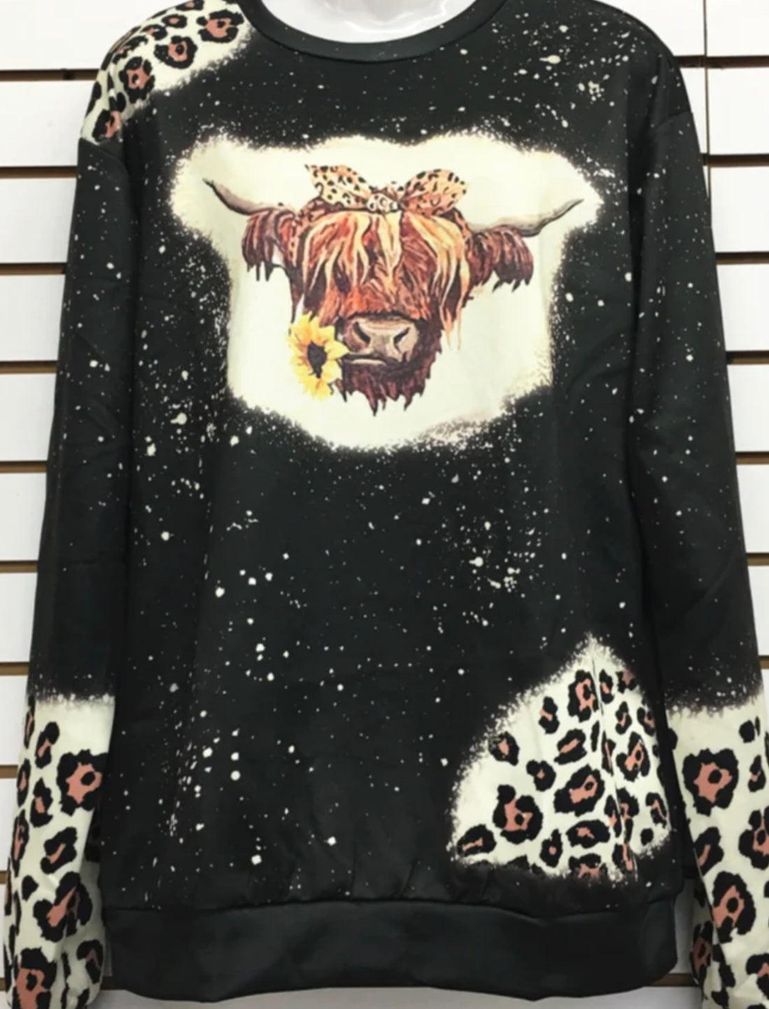 Black Bleached Long Sleeve Shirt with Leopard Print and Highland Cow