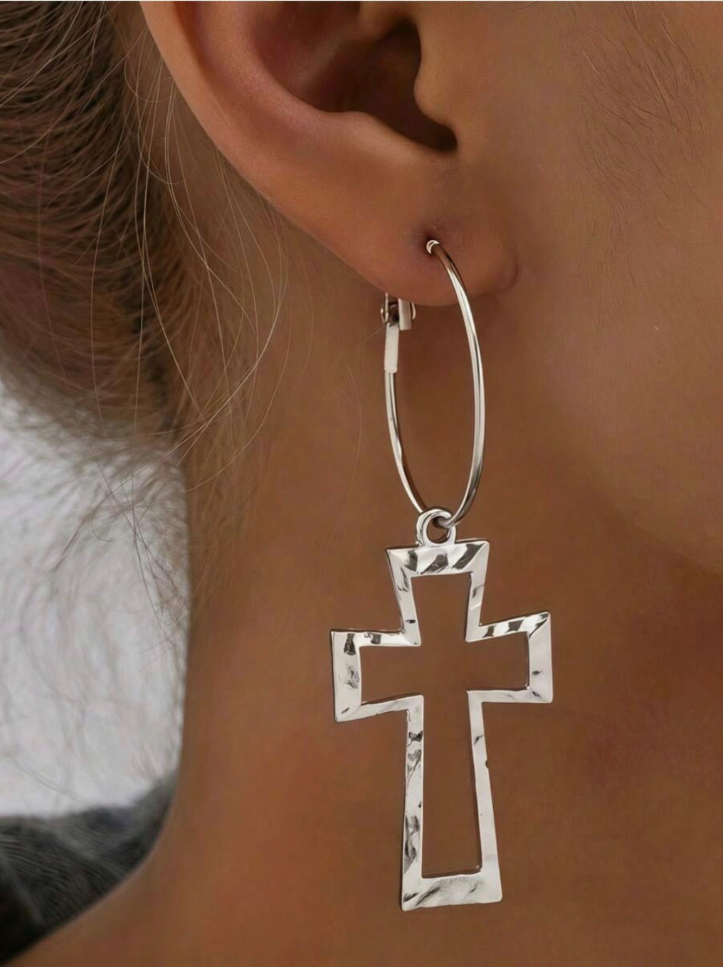 Silver Hollow Dangling Cross Hoop Earrings
