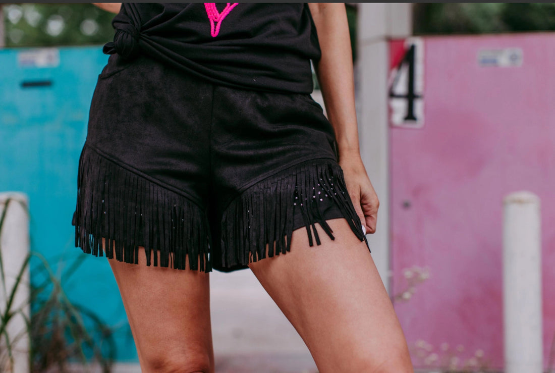 Dixie Rhinestone Embellished Fringe Shorts- Black