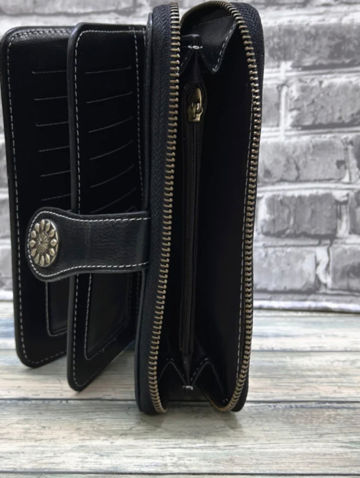 Vegan Leather Laser Cut Out Detail Wallet with Wristband