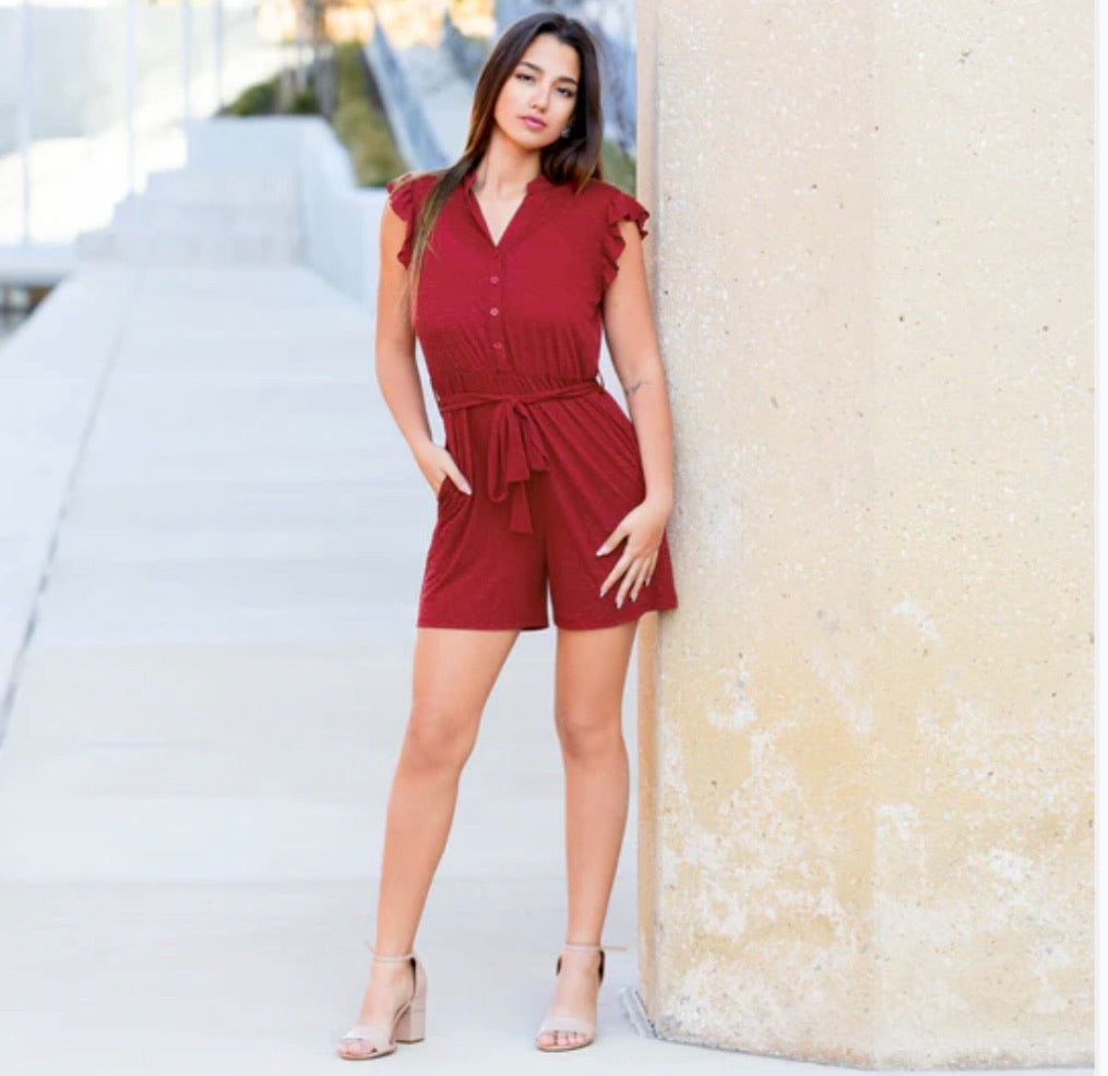 V-Neck Ruffle Sleeve Romper with Pockets
