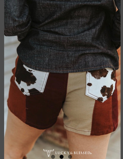 Brown Patchwork Cowhide High Rise Wide Leg Shorts