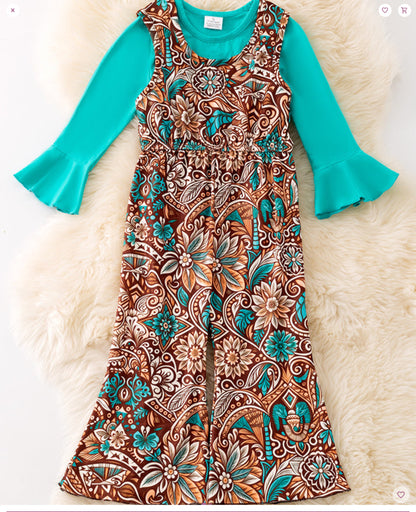 BROWN JUMPSUIT WITH TEAL LONG SLEEVE SHIRT
