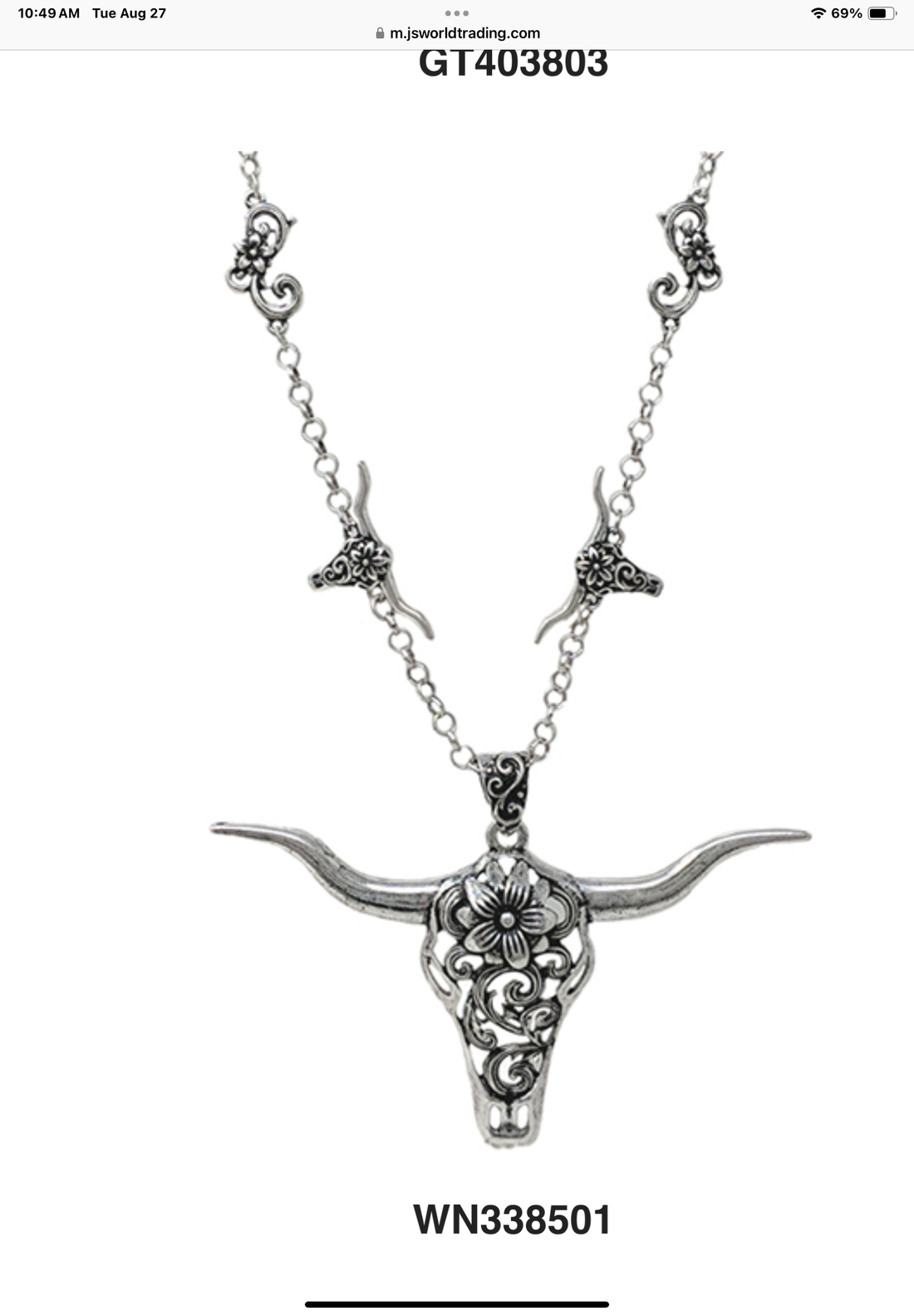 Burnished Silver Floral Bull Skull Necklace