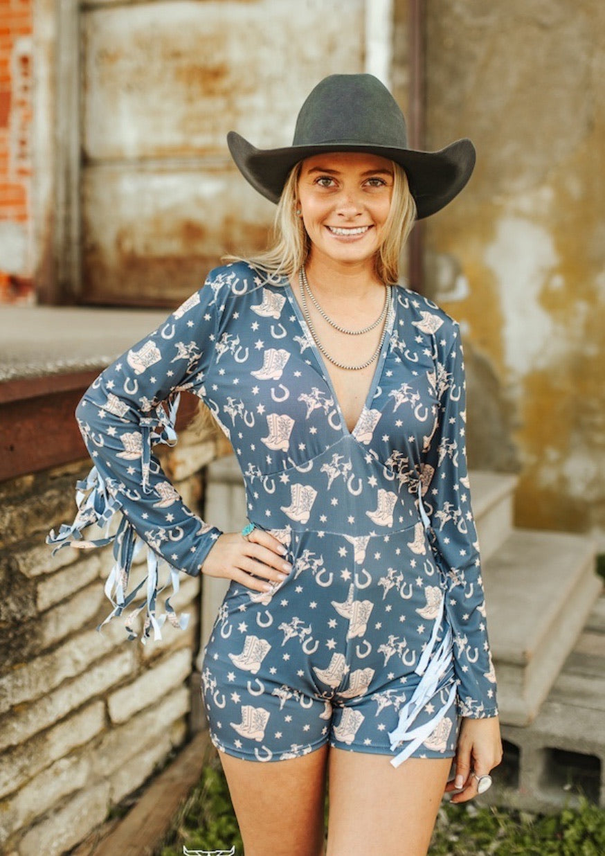 Grey Boot Western Printed Fringe Romper