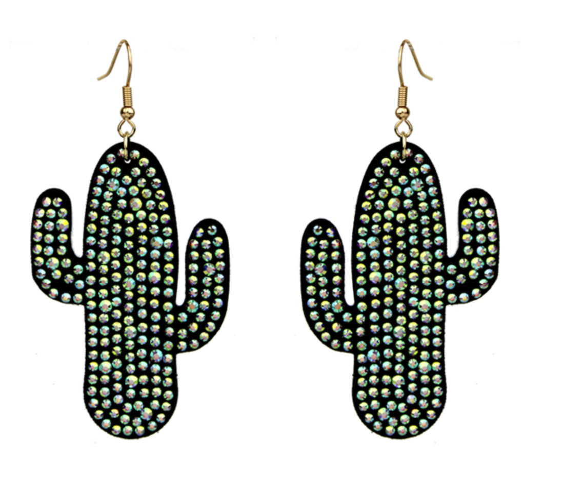 Leather and Rhinestone Black Cactus Dangle Earrings