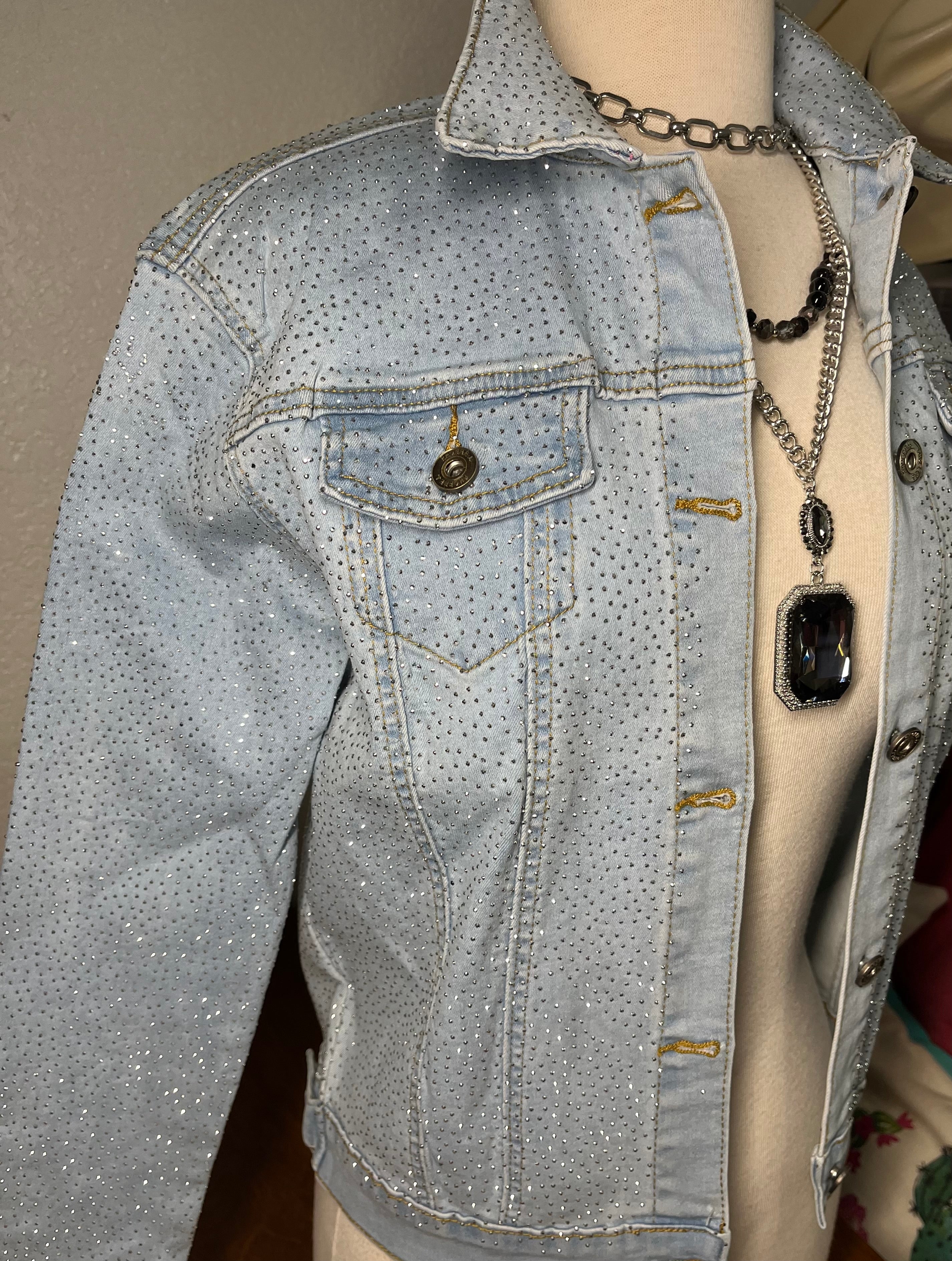 Denim Jacket with Bling Chip Rhinestone Attached