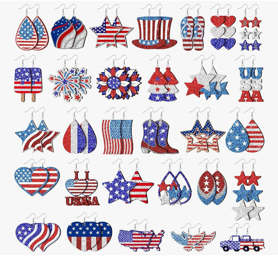Glitter 4th of July Patriotic Wooden Earrings
