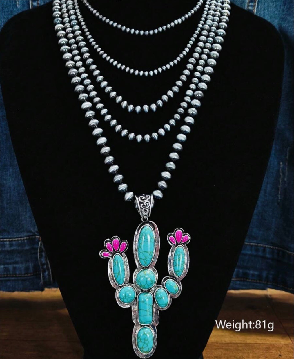 Oversized Cactus Pendant on a Navajo Bead Necklace