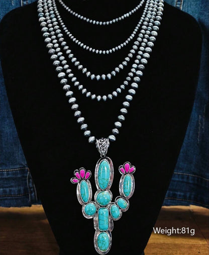 Oversized Cactus Pendant on a Navajo Bead Necklace
