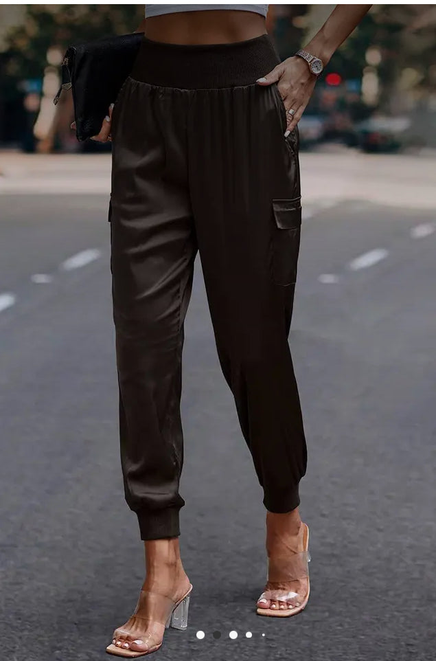 High Waist Long Pant Trousers with Pocket Satin Jogger Pants