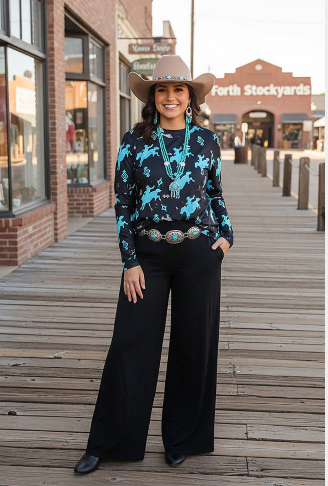 Cowboy Blue Long Sleeve Graphic Top