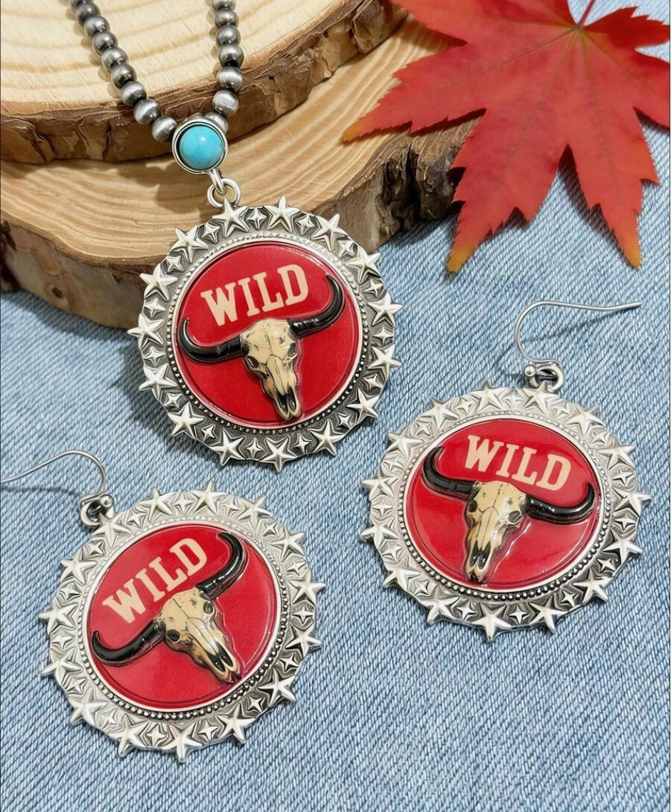 Wild Bull Head Pendant Necklace with Matching Earrings