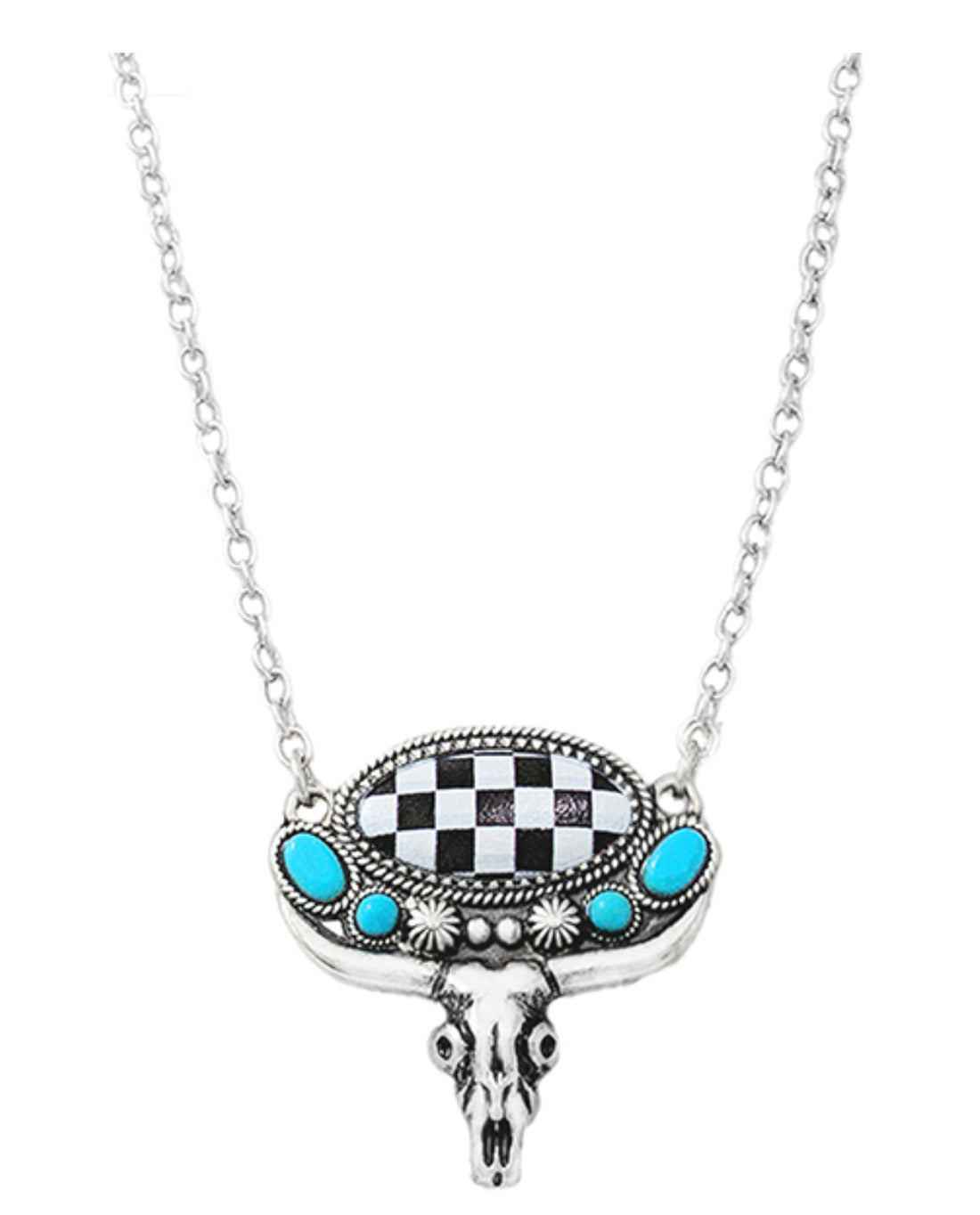 Burnished Silver Steer head with Turquoise Stones and Black and White Oval Checkered Stone Necklace