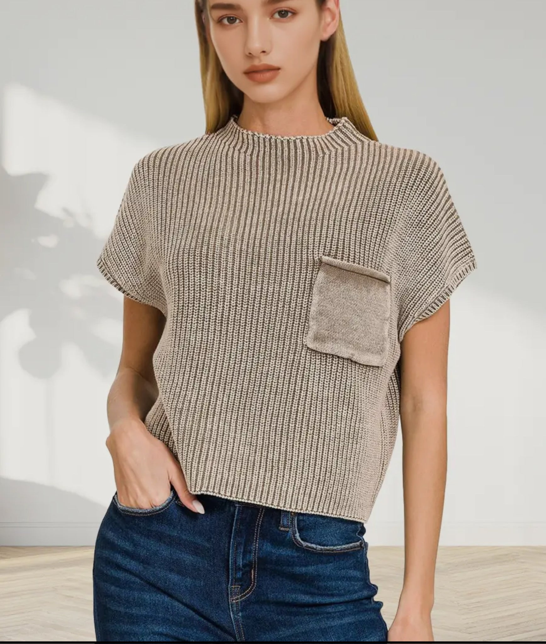 Washed Mock Neck Short Sleeve Sweater