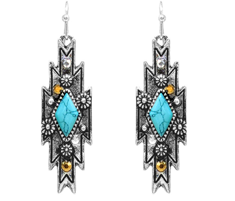 Western Hand Stone with Rhinestone Aztec Print Dangle Earrings