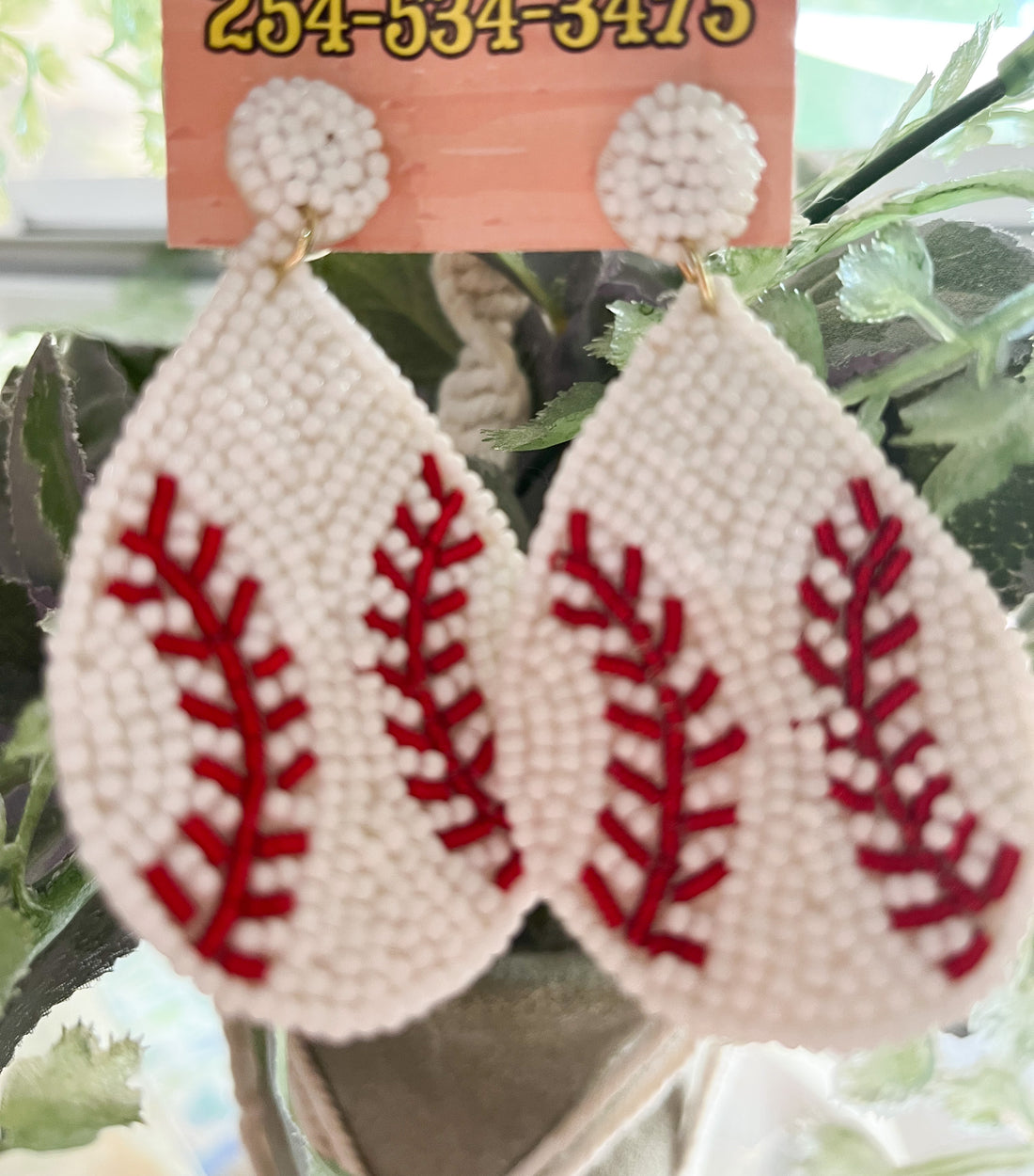 Beaded Baseball Teardrop Dangle Earrings