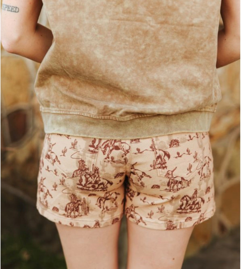 Western Print Mid Rise Stretch Denim Shorts
