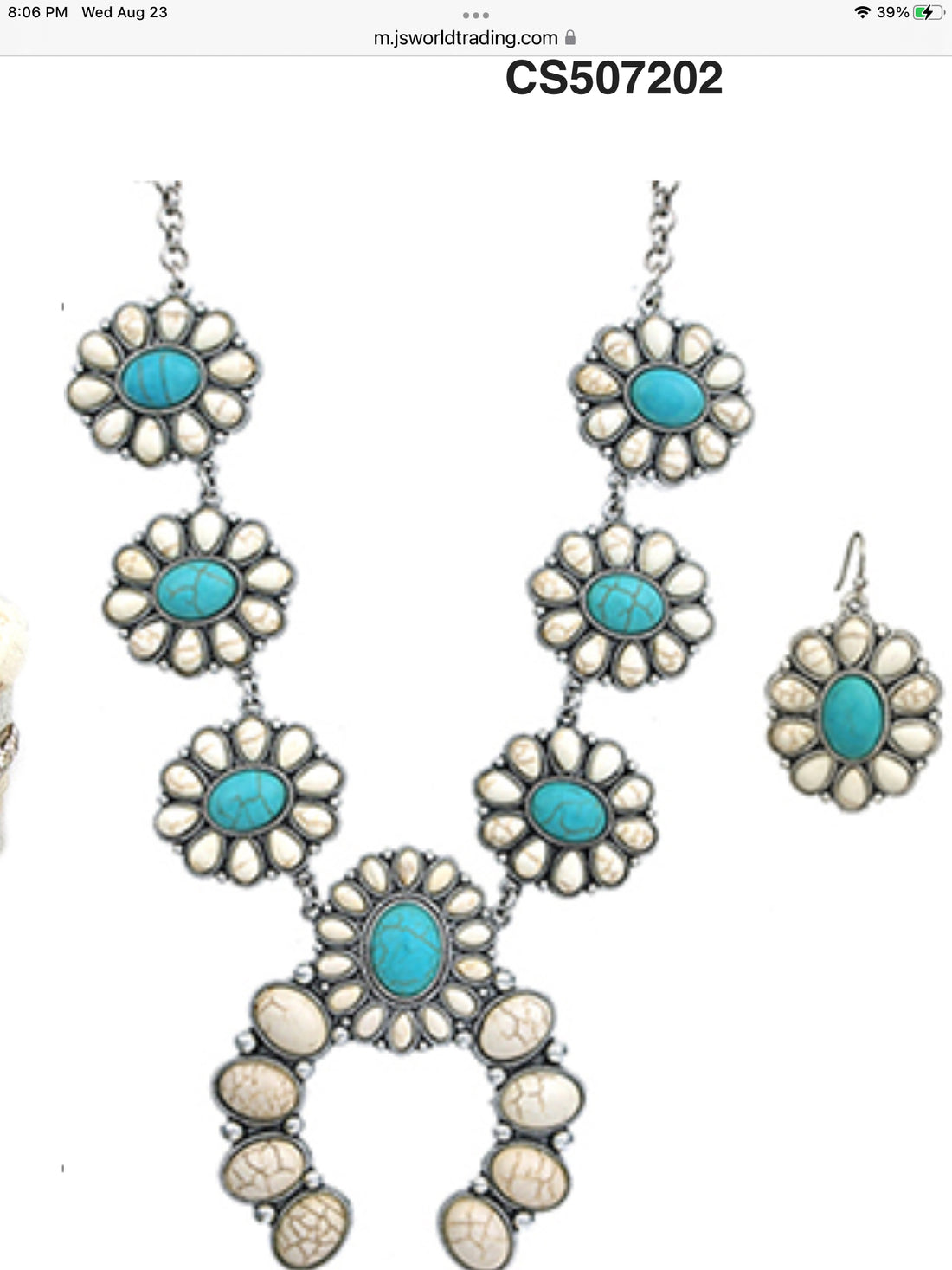 Turquoise and White Hematite Floral Squash Blossom Necklace with Matching Earrings