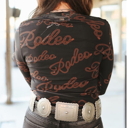 Black Rodeo Print Long Sleeve Mesh Top