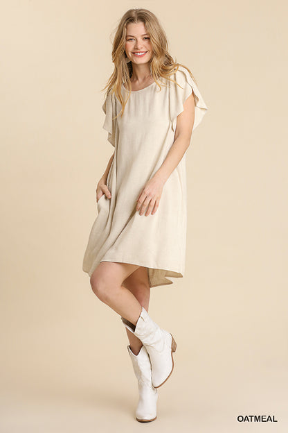 Women’s Linen Blend Short Split Ruffle Sleeves Dress with Back Tie and Pockets