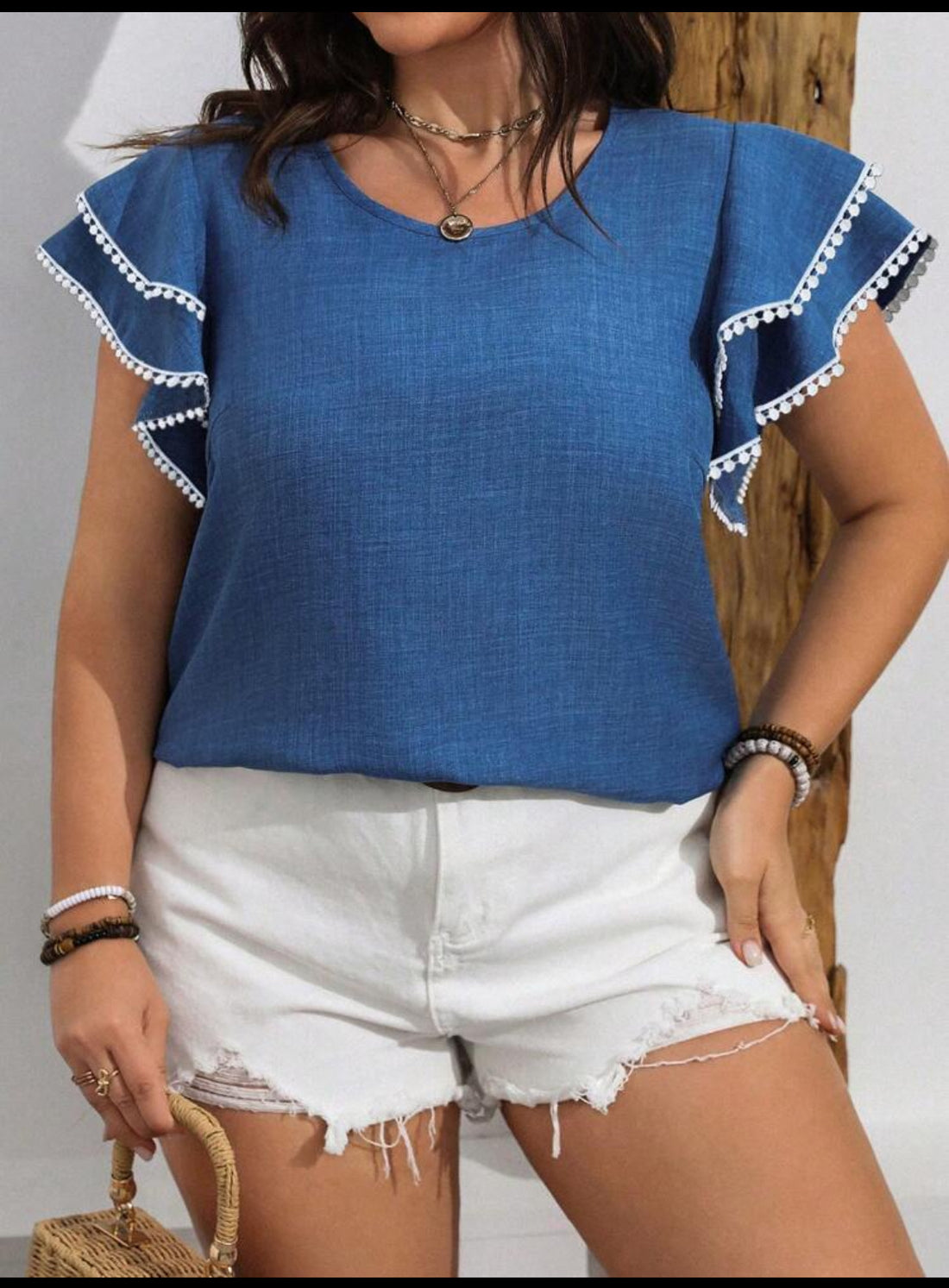 Lune Women’s Plus Size Blue Blouse with Ruffle Sleeves and White Trim