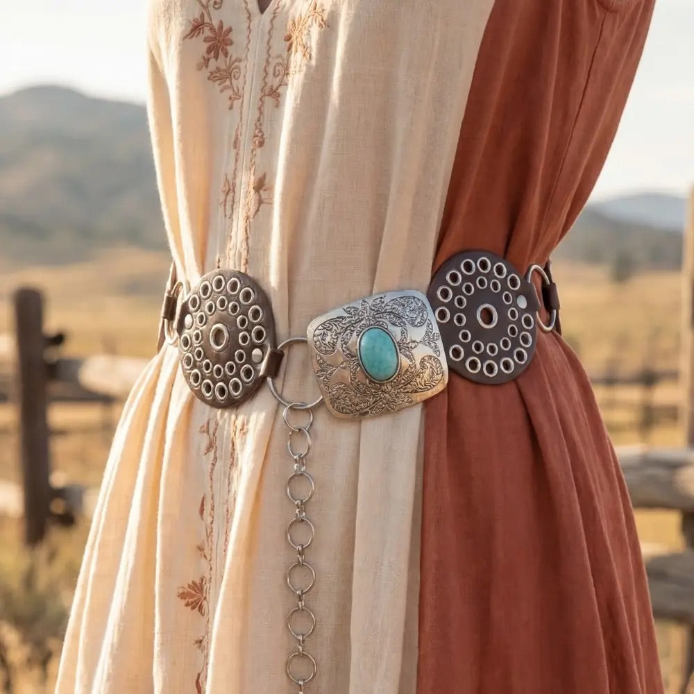 Vegan Lether Atudded Disc Engraved Buckle Chain Belt