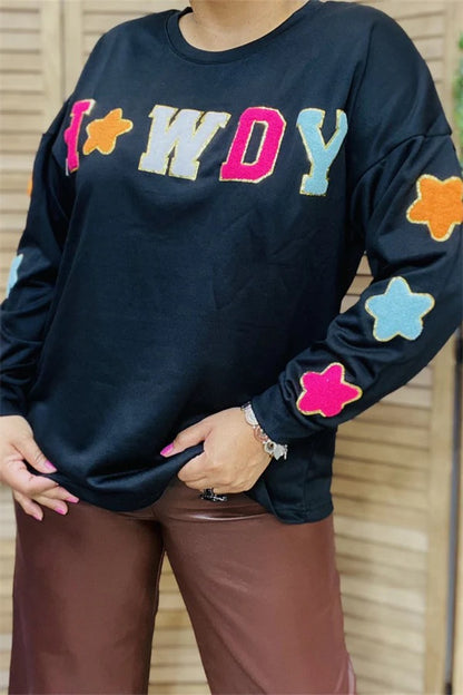 Long Sleeve Black Top with Colorful “Howdy”