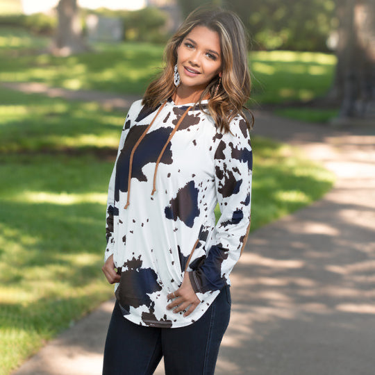 Cow Print Hoodie with Elbow Patches and Pockets