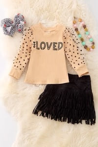 “Loved” Cream Color Long Sleeve Top with Black Fringe Skirt