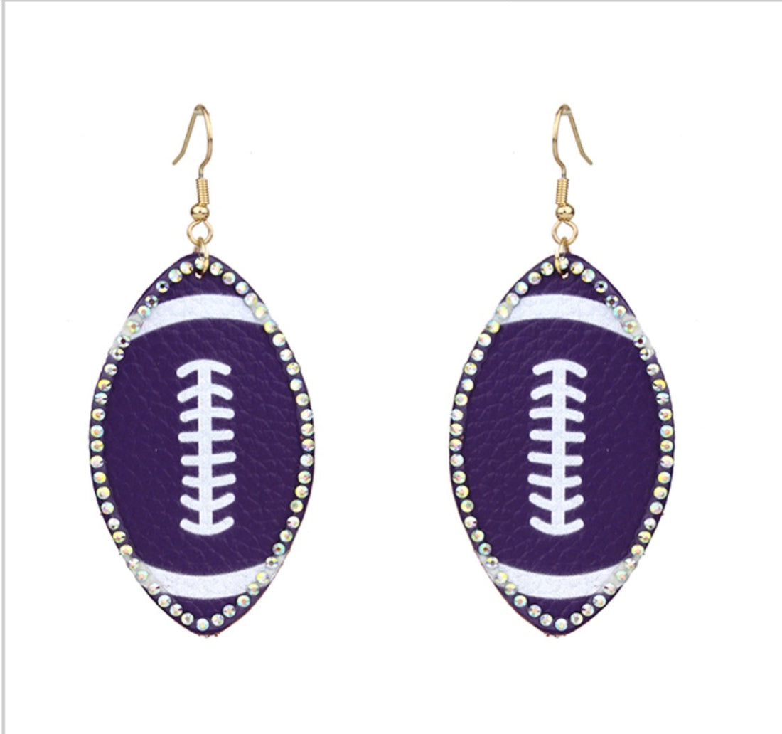 Purple Leather Football with Rhinestones Trim Dangle Earrings