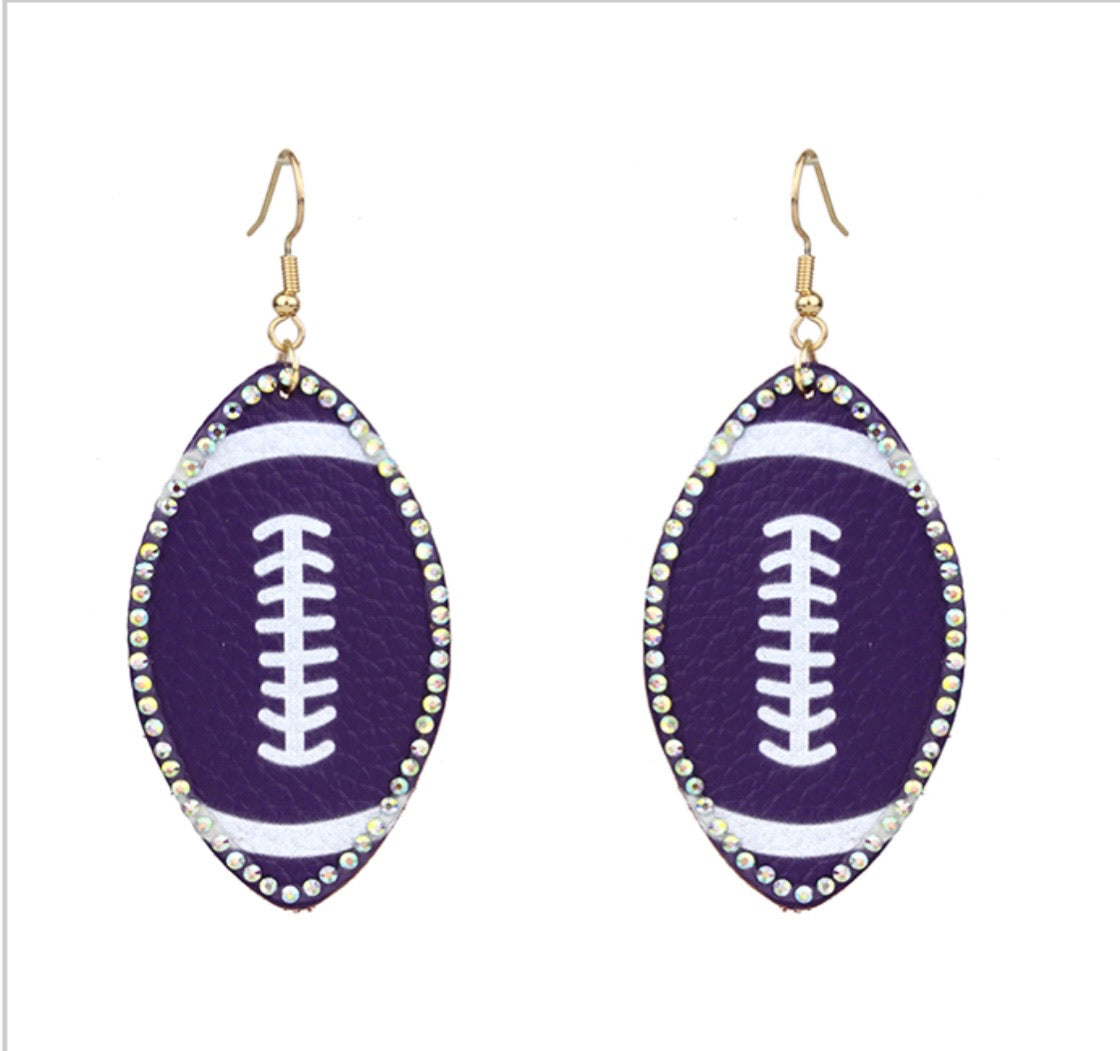 Purple Leather Football with Rhinestones Trim Dangle Earrings