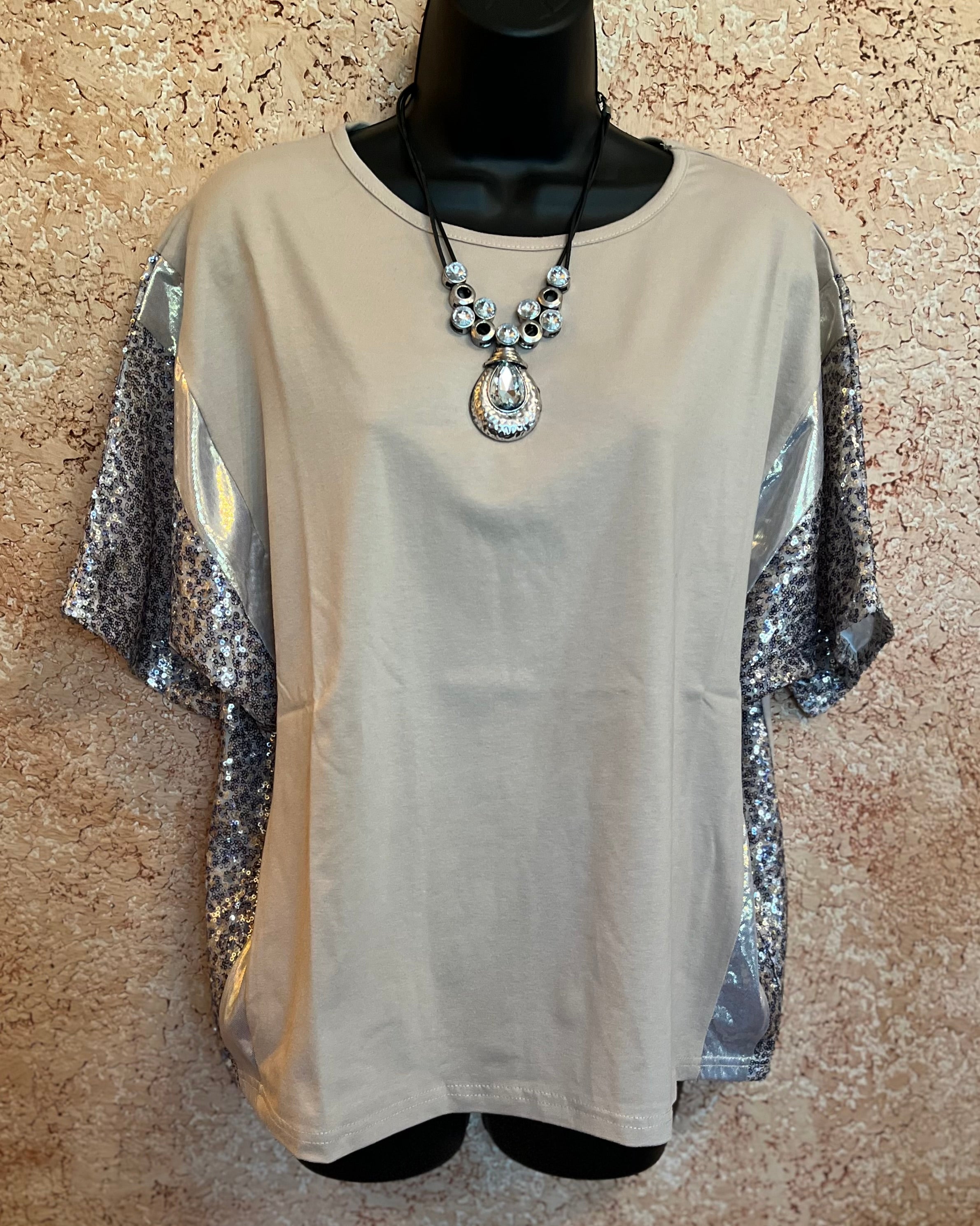 Sand Colored Top with Leopard and Gold Sequin Sleeves