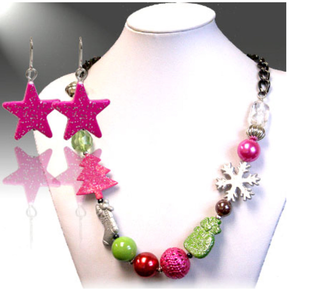 Christmas Bubble Bead Fashion Necklace with Matching Dangle Earrings